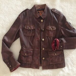 Tory Burch Chocolate Leather Jacket with Red Accents